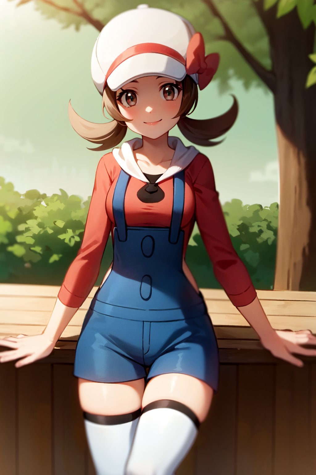 solo, lyra, red shirt, denim shorts, overalls, white thighhighs, cabbie hat, white headwear, bow, looking at viewer, forest, smile