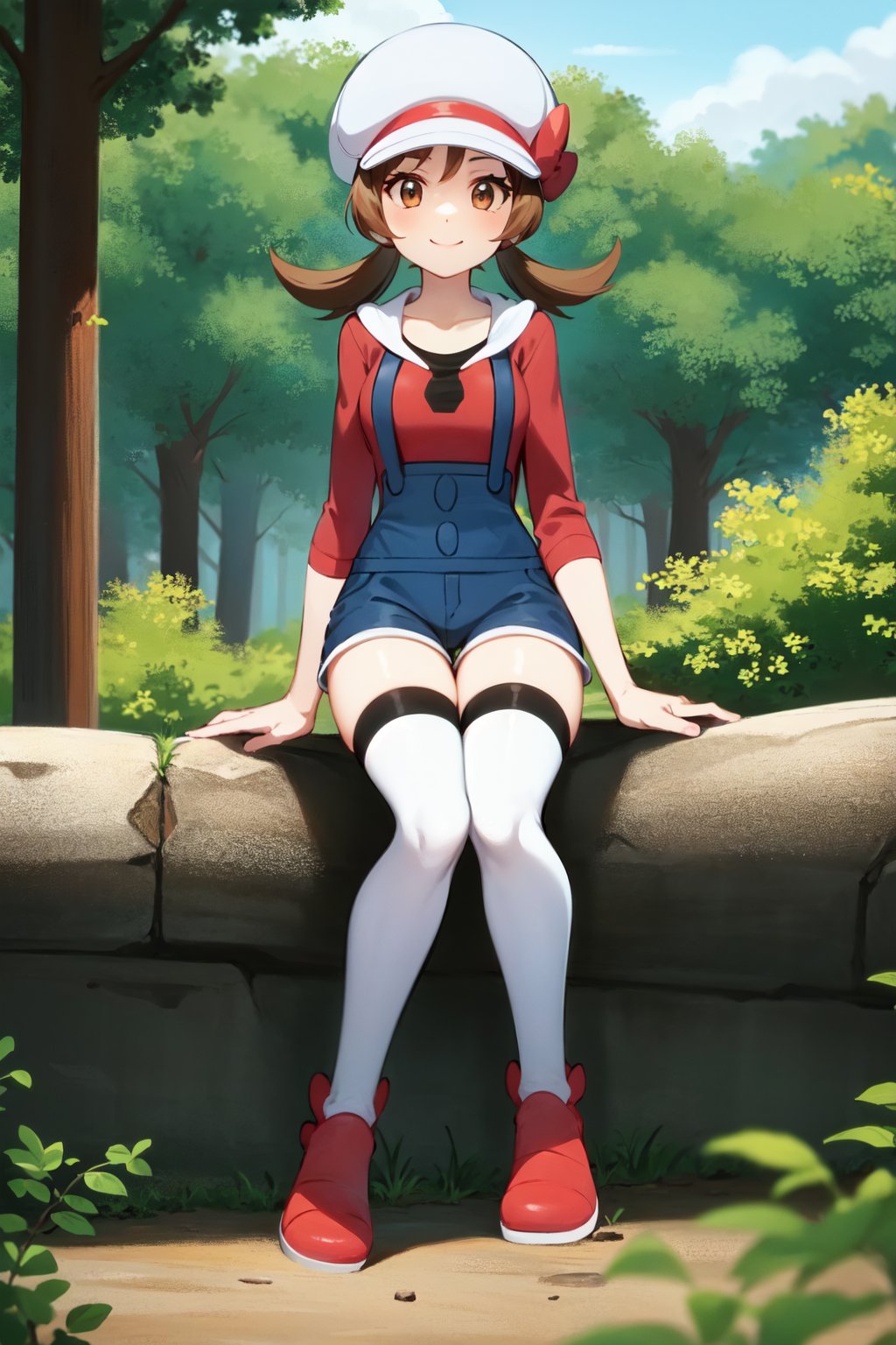 solo, lyra, red shirt, denim shorts, overalls, white thighhighs, cabbie hat, white headwear, bow, looking at viewer, forest, smile, sitting on rock, red footwear