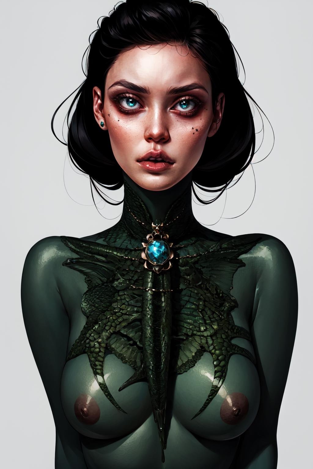 1girl, black hair, green dragon  on the neck, lips black tattoo <lora:Laura_style:1> 