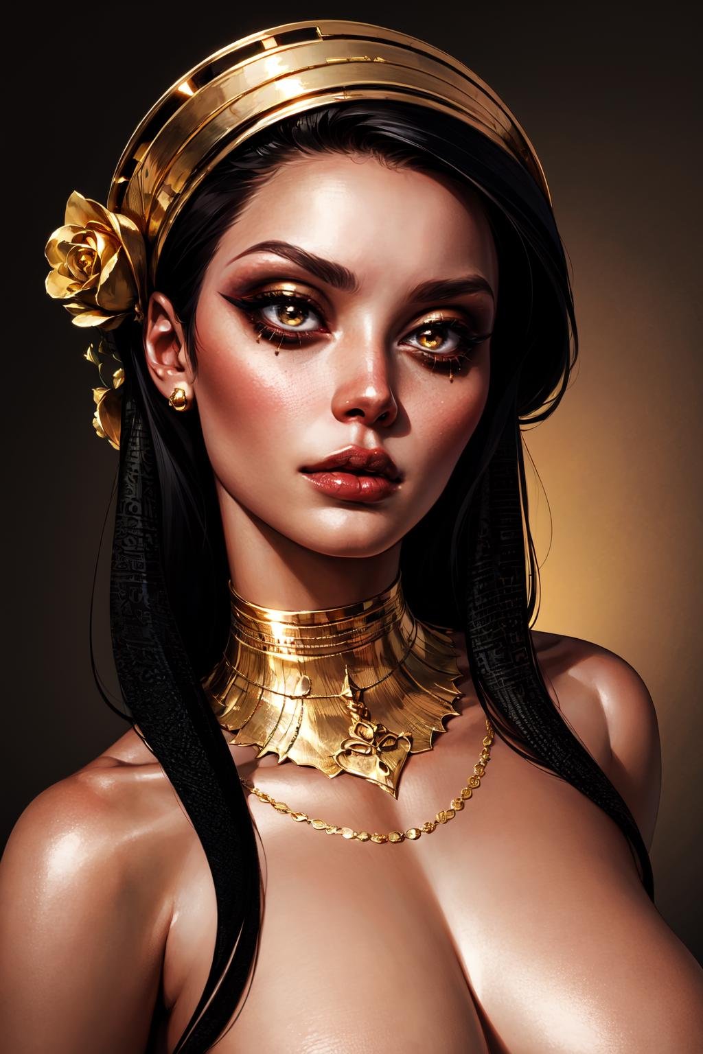 1girl, egypt makeup, egypt black woman hair, gold lips, gold roses in the neck <lora:Laura_style:0.8>