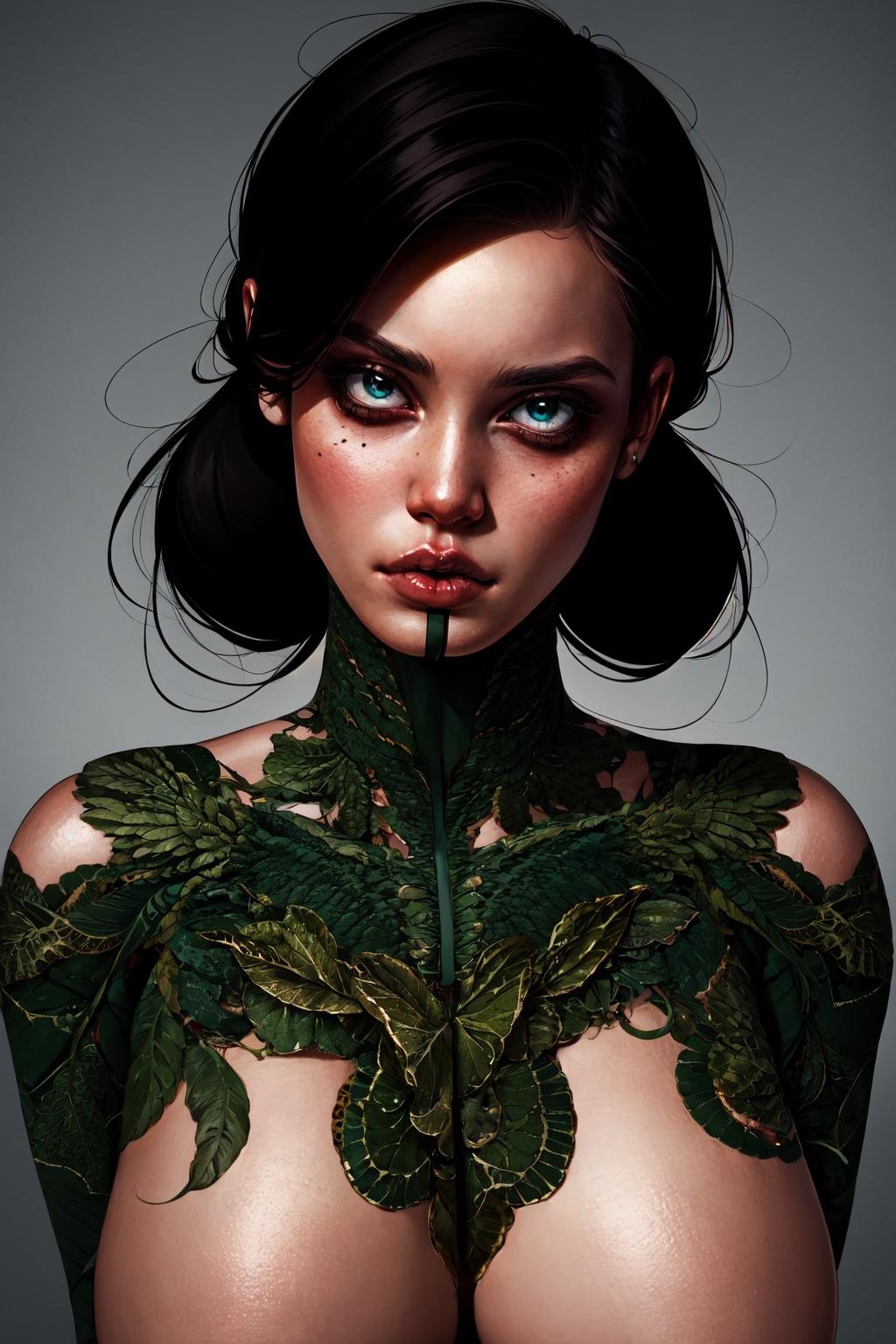 1girl, black hair, green dragon tattoo on the neck, lips black tattoo <lora:Laura_style:1> 