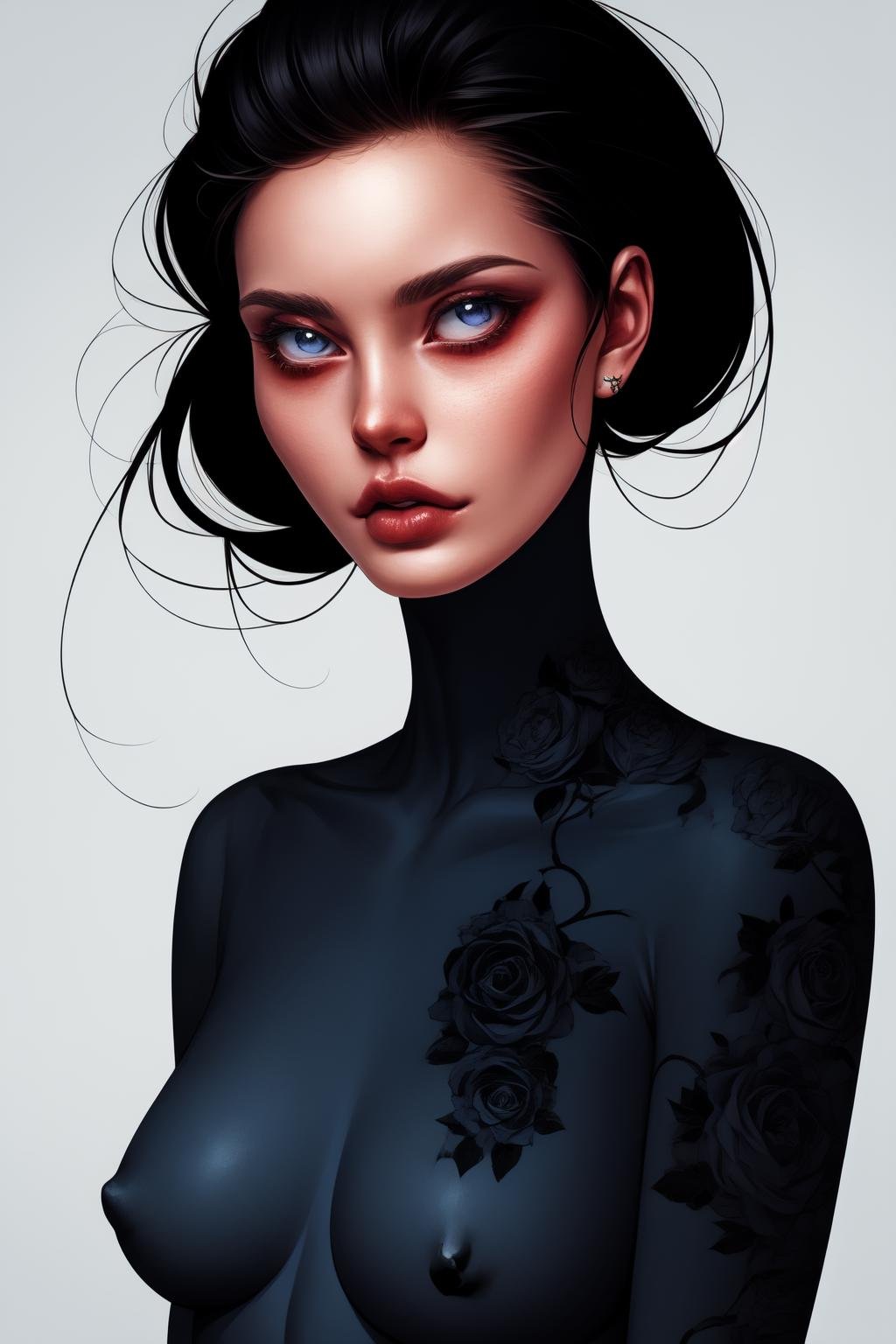 1girl, black hair, blue roses in the neck, lips black tattoo <lora:Laura_style:1>