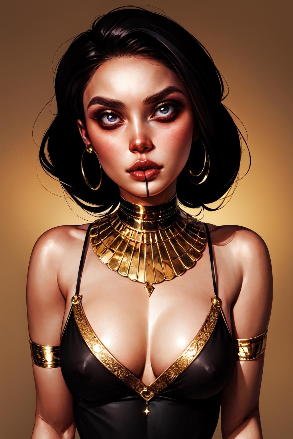 1girl, egypt makeup, egypt black woman hair, gold lips, gold roses in the neck <lora:Laura_style:1>