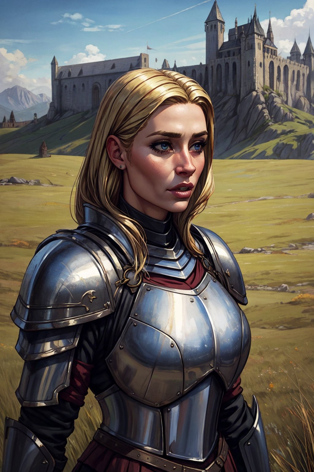 oil painting, medieval fantasy, mature knight, commander woman, armored woman, blonde hair, high detail armor, grass field background, cinematic shot, aesthetic,1girl ,fantasy,Detailedface,bsp