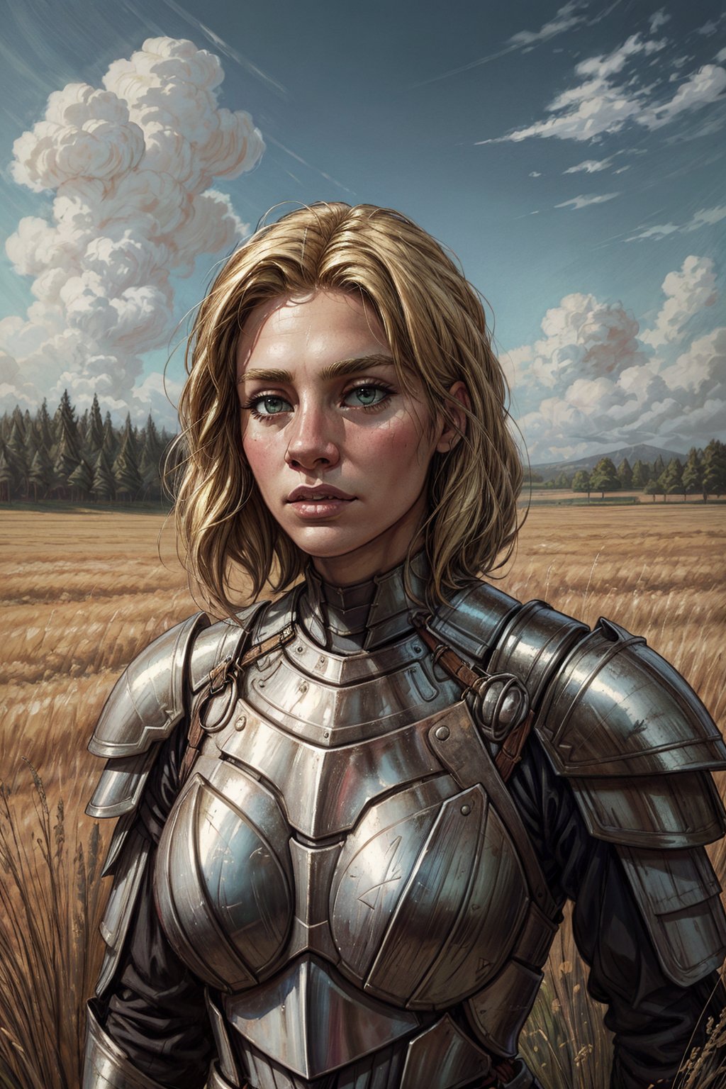 oil painting, medieval fantasy, mature knight, commander woman, armored woman, blonde hair, high detail armor, grass field background, cinematic shot, aesthetic,1girl ,fantasy,Detailedface,bsp