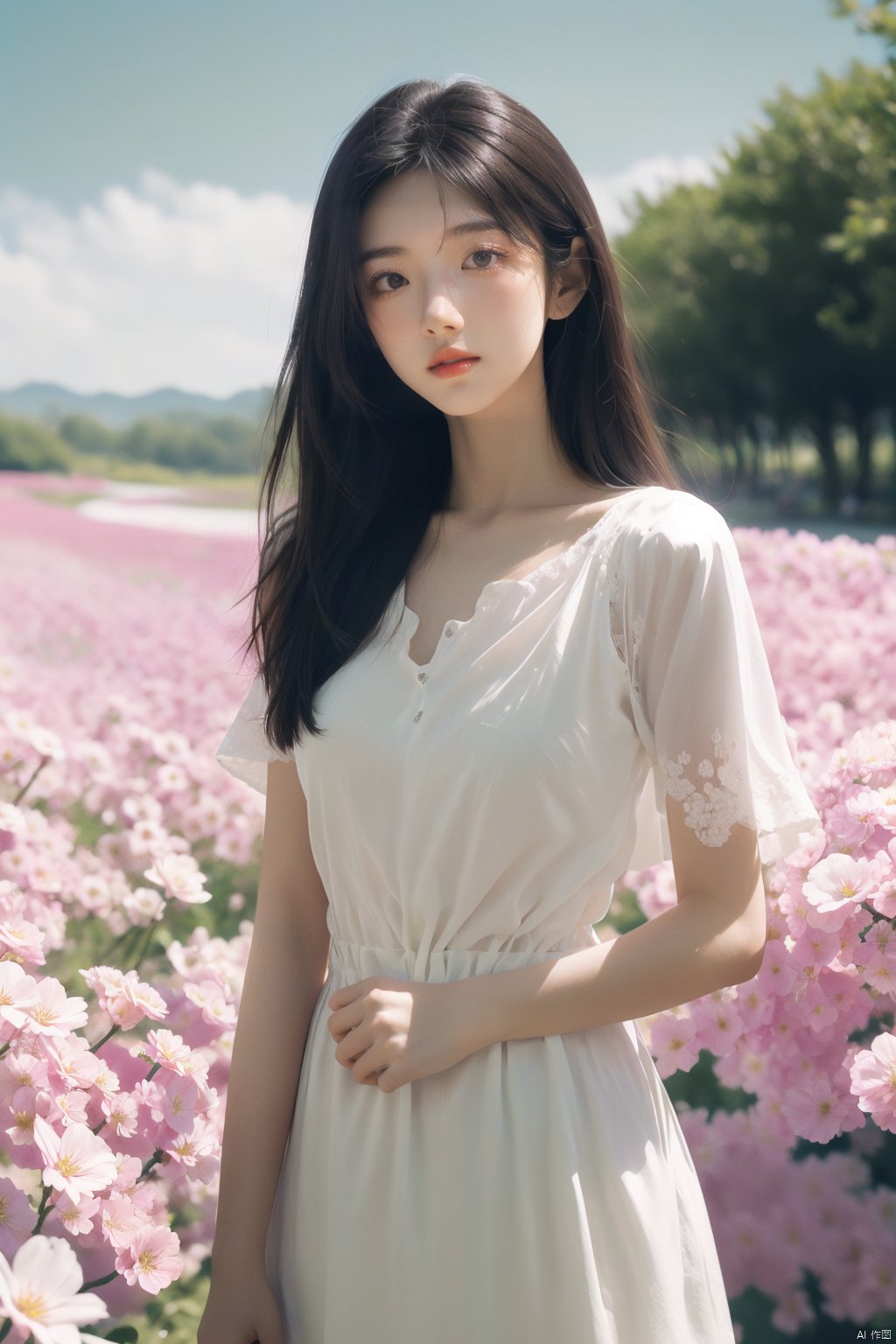  (nature:1.1), flower field, standing, sky, (petals:1.21), (flower:1.1), (masterpiece:1.1), (best quality:1.21), (ray tracing:1.331), (illustration:1.21), outdoors,  1girl, solo, long hair, upper body, white dress, straight-on,1girl, pld