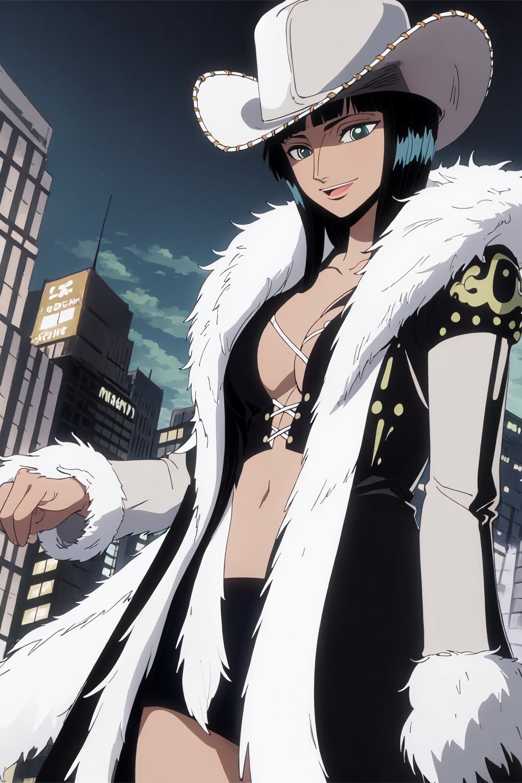 <lora:robin5-000048:0.75>,nico_robinnn,1girl,cowboy shot,hat,smile,large breasts,cityscape, fur_coat, fur, feather_boa,sexually suggestive, 