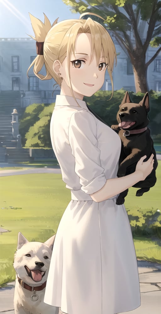 RH, 1girl, solo, looking at viewer, folded ponytail, smile, dress, playing with dog, (dog), park, sunny, perfect quality, good quality, masterpiece, HDR, UHD <lora:Riza Hawkeye:0.7>