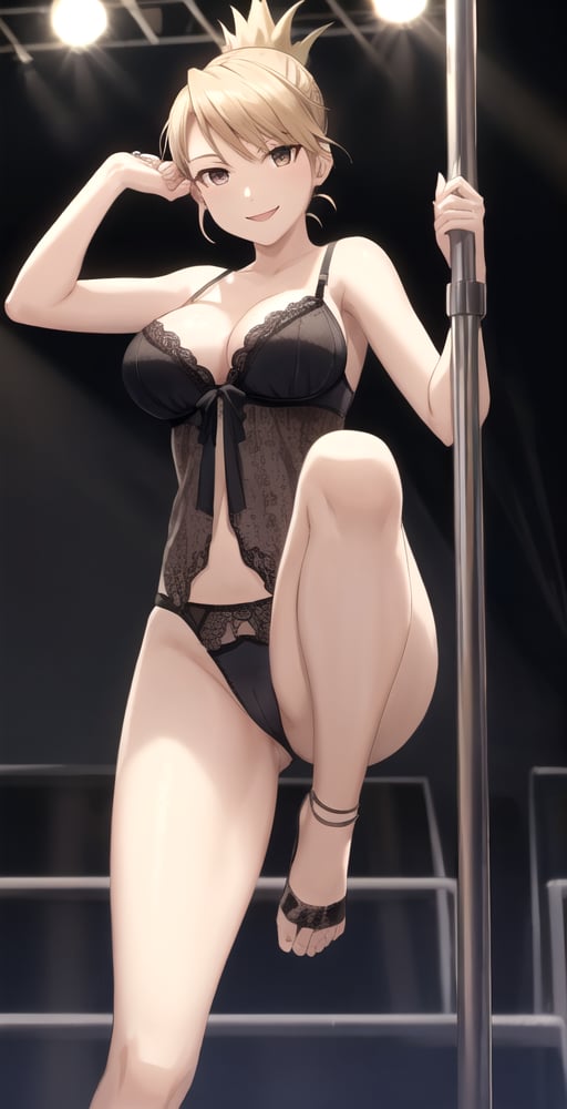 RH, 1girl, solo, looking at viewer, folded ponytail, smile, lingerie, night club, pole dancing, leg up, stage, perfect quality, good quality, masterpiece, HDR, UHD <lora:Riza Hawkeye:0.6>