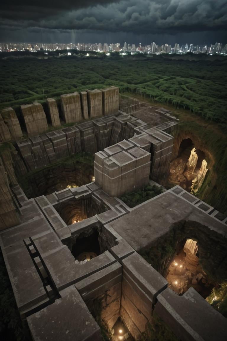 (Aerial VIEW,  settlement,  ruins,  stonewalls,  maze:1.8), (settlement hidden in a cave dwelling:1.5), (Son Doong|sinkhole|underground_cave welling:1.4), (landscape architecture,  brutalist architecture:1.3), (large file,  super realistic,  4k,  8K,  16k,  FHD,  HD,  VFX,  perfect,  photograpy,  super high resolution,  cinematic photography:1.1), (extra long shot,  wide-angle lens,  POV,  DOF:1.2),  rich shadow, (harmonious color:1.1),  night,  lowlight,  lightless,  nightview, FUTURE_URBAN,  Apartment , furure_urban, future_skyline, urban,  badweather,  dark clouds,  horizontal decorative,  dark theme, city, badweather, dark clouds,  (dark theme:1.5), ,  heavy rain,  (raindrop details:1.4), , caveruinsAerial, more detail XL,<lora:EMS-255443-EMS:1.500000>,<lora:EMS-61413-EMS:0.500000>,<lora:EMS-59651-EMS:0.400000>