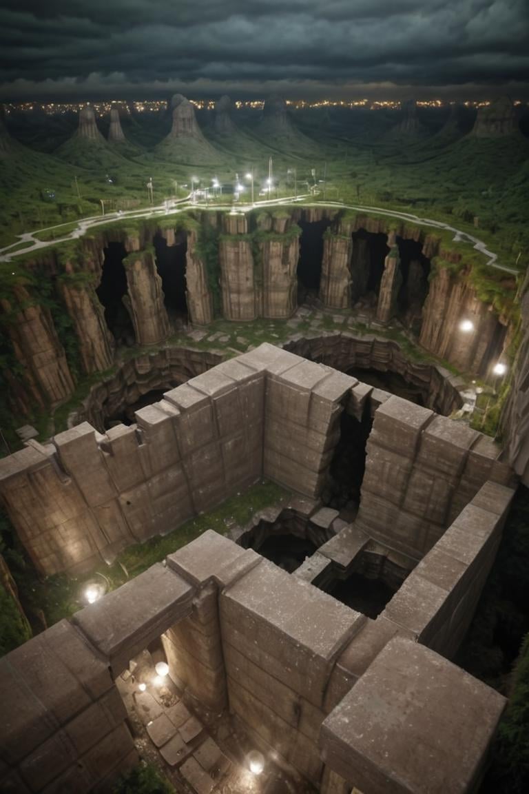 (Aerial VIEW,  marvellous settlement,  spectacular ruins,  stonewalls,  maze:1.8), (settlement hidden in a cave dwelling:1.5), (Son Doong|sinkhole|underground_cave welling:1.4), (landscape architecture,  brutalist architecture:1.3), (large file,  super realistic,  4k,  8K,  16k,  FHD,  HD,  VFX,  perfect,  photograpy,  super high resolution,  cinematic photography:1.1), (extra long shot,  wide-angle lens,  POV,  DOF:1.2),  rich shadow, (harmonious color:1.1),  night,  lowlight,  lightless,  nightview, FUTURE_URBAN,  Apartment , furure_urban, future_skyline, urban,  badweather,  dark clouds,  horizontal decorative,  dark theme, city, badweather, dark clouds,  (dark theme:1.5), ,  heavy rain,  (raindrop details:1.4), , caveruinsAerial, more detail XL,<lora:EMS-255443-EMS:1.600000>,<lora:EMS-61413-EMS:0.600000>,<lora:EMS-59651-EMS:0.600000>