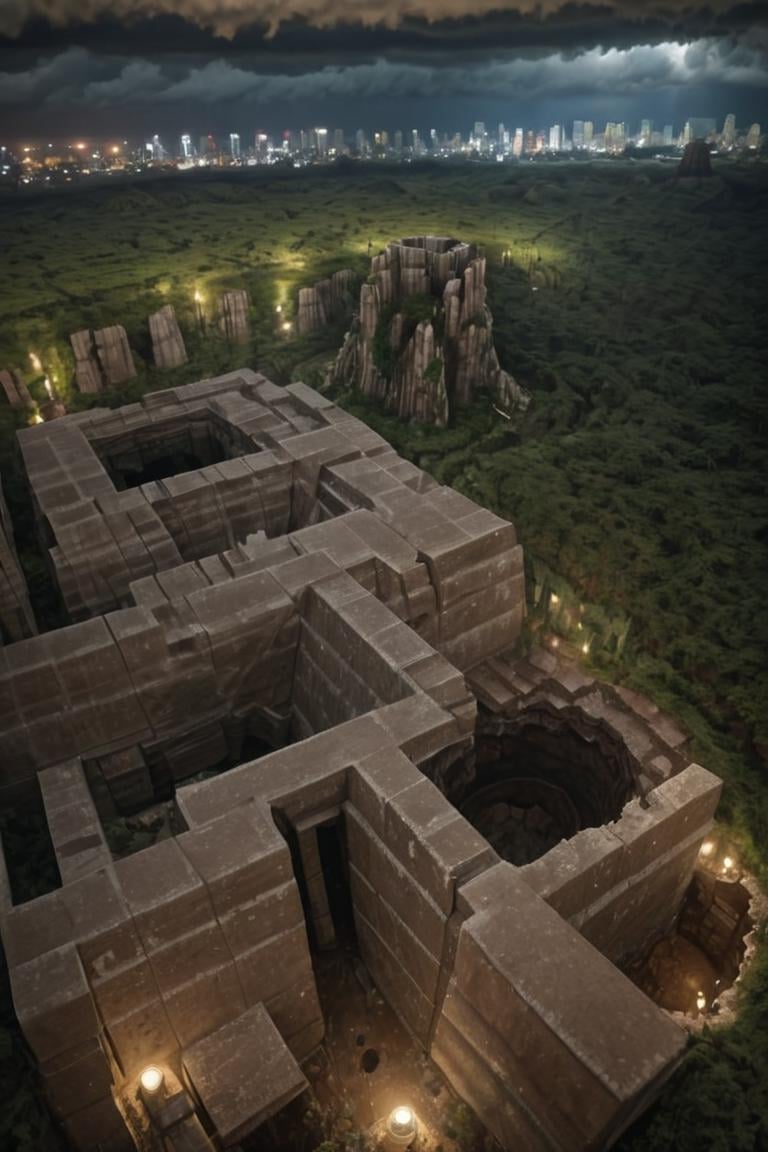 (FIRST PEOPLE PERSPECTIVE VIEW,  marvellous settlement,  spectacular ruins,  stonewalls,  maze:1.8), (settlement hidden in a cave dwelling:1.5), (Son Doong|sinkhole|underground_cave welling:1.4), (landscape architecture,  brutalist architecture:1.3), (large file,  super realistic,  4k,  8K,  16k,  FHD,  HD,  VFX,  perfect,  photograpy,  super high resolution,  cinematic photography:1.1), (extra long shot,  wide-angle lens,  POV,  DOF:1.2),  rich shadow, (harmonious color:1.1),  night,  lowlight,  lightless,  nightview, FUTURE_URBAN,  Apartment , furure_urban, future_skyline, urban,  badweather,  dark clouds,  horizontal decorative,  dark theme, city, badweather, dark clouds,  (dark theme:1.5), ,  heavy rain,  (raindrop details:1.4), , caveruinsAerial, more detail XL,<lora:EMS-61413-EMS:0.700000>,<lora:EMS-59651-EMS:0.700000>,<lora:EMS-255443-EMS:1.600000>