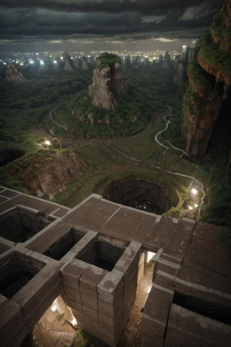 (Aerial VIEW,  settlement,  ruins,  stonewalls,  maze:1.8), (settlement hidden in a cave dwelling:1.5), (Son Doong|sinkhole|underground_cave welling:1.4), (landscape architecture,  brutalist architecture:1.3), (large file,  super realistic,  4k,  8K,  16k,  FHD,  HD,  VFX,  perfect,  photograpy,  super high resolution,  cinematic photography:1.1), (extra long shot,  wide-angle lens,  POV,  DOF:1.2),  rich shadow, (harmonious color:1.1),  night,  lowlight,  lightless,  nightview, FUTURE_URBAN,  Apartment , furure_urban, future_skyline, urban,  badweather,  dark clouds,  horizontal decorative,  dark theme, city, badweather, dark clouds,  (dark theme:1.5), ,  heavy rain,  (raindrop details:1.4), , caveruinsAerial, more detail XL,<lora:EMS-255443-EMS:1.600000>,<lora:EMS-61413-EMS:0.600000>,<lora:EMS-59651-EMS:0.600000>