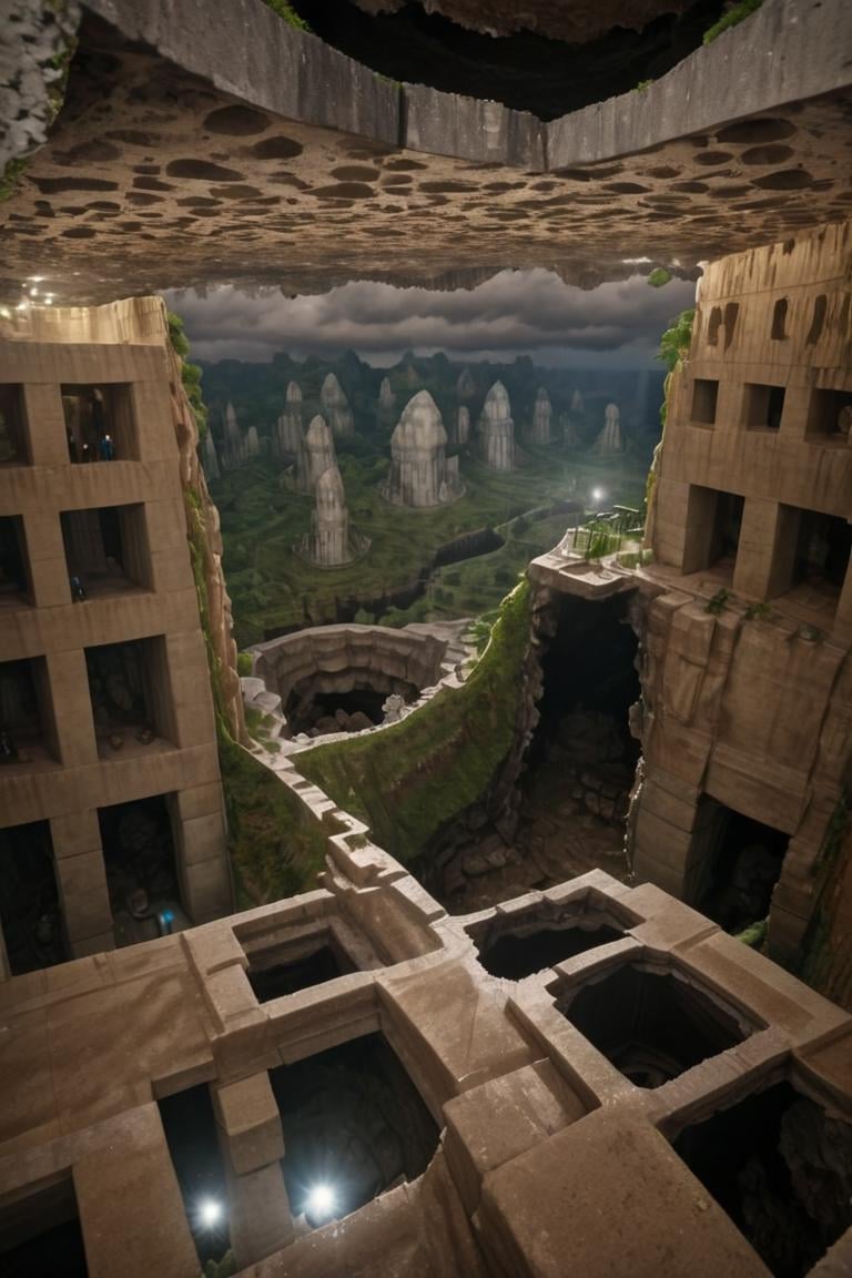 (Aerial VIEW,  marvellous settlement,  spectacular ruins,  stonewalls,  maze:1.8), (settlement hidden in a cave dwelling:1.5), (Son Doong|sinkhole|underground_cave welling:1.4), (landscape architecture,  brutalist architecture:1.3), (large file,  super realistic,  4k,  8K,  16k,  FHD,  HD,  VFX,  perfect,  photograpy,  super high resolution,  cinematic photography:1.1), (extra long shot,  wide-angle lens,  POV,  DOF:1.2),  rich shadow, (harmonious color:1.1),  night,  lowlight,  lightless,  nightview, FUTURE_URBAN,  Apartment , furure_urban, future_skyline, urban,  badweather,  dark clouds,  horizontal decorative,  dark theme, city, badweather, dark clouds,  (dark theme:1.5), ,  heavy rain,  (raindrop details:1.4), , caveruinsAerial, more detail XL,<lora:EMS-61413-EMS:0.600000>,<lora:EMS-59651-EMS:0.600000>,<lora:EMS-255443-EMS:1.600000>