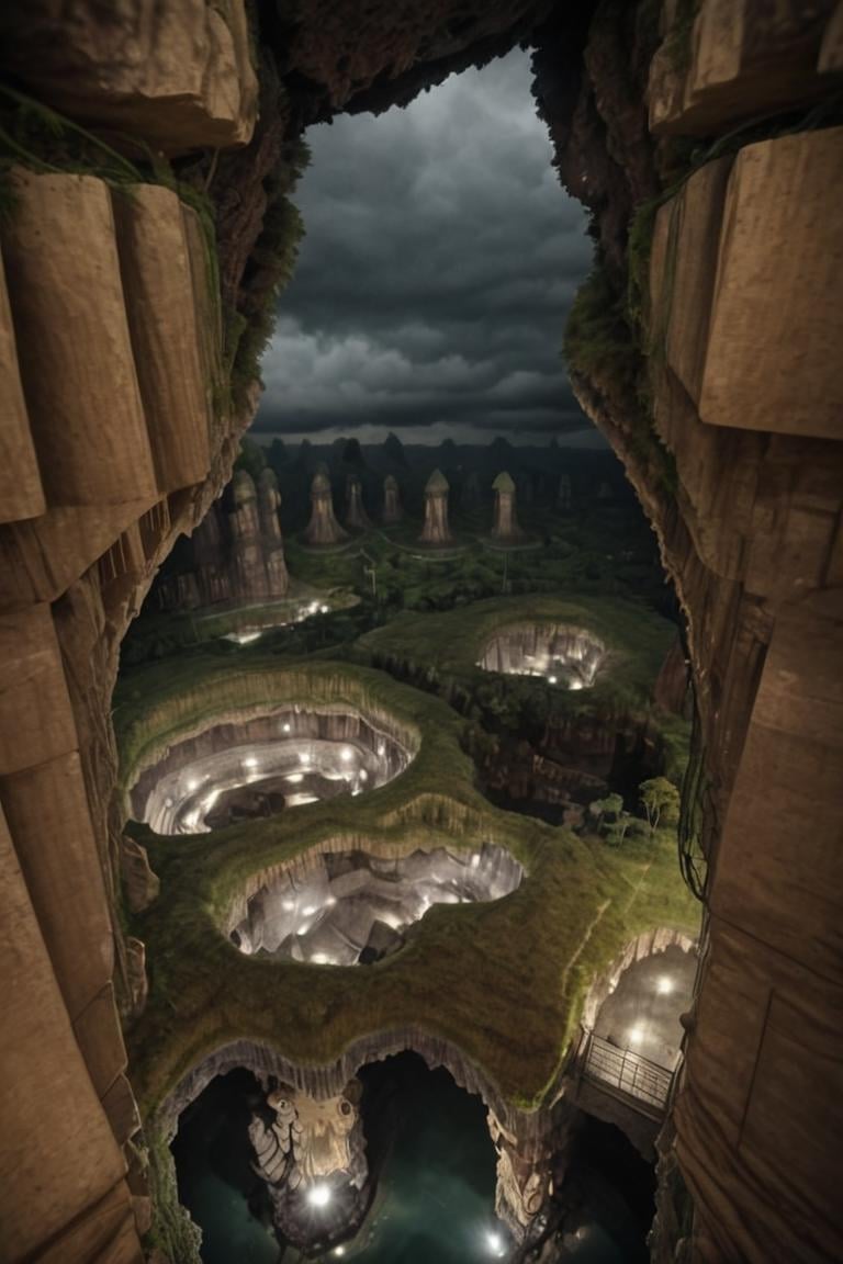 (Aerial VIEW,  Secret settlement hidden in a cave dwelling:1.6), (Son Doong|sinkhole|underground_cave welling:1.4), (landscape architecture,  brutalist architecture:1.3), (large file,  super realistic,  4k,  8K,  16k,  FHD,  HD,  VFX,  perfect,  photograpy,  super high resolution,  cinematic photography:1.1), (extra long shot,  wide-angle lens,  POV,  DOF:1.2),  rich shadow, (harmonious color:1.1),  night,  lowlight,  lightless,  nightview, FUTURE_URBAN,  Apartment , furure_urban, future_skyline, urban,  badweather,  dark clouds,  horizontal decorative,  dark theme, city, badweather, dark clouds,  (dark theme:1.5), ,  heavy rain,  (raindrop details:1.4), , caveruinsAerial, more detail XL,<lora:EMS-61413-EMS:0.500000>,<lora:EMS-59651-EMS:0.400000>,<lora:EMS-255443-EMS:1.500000>