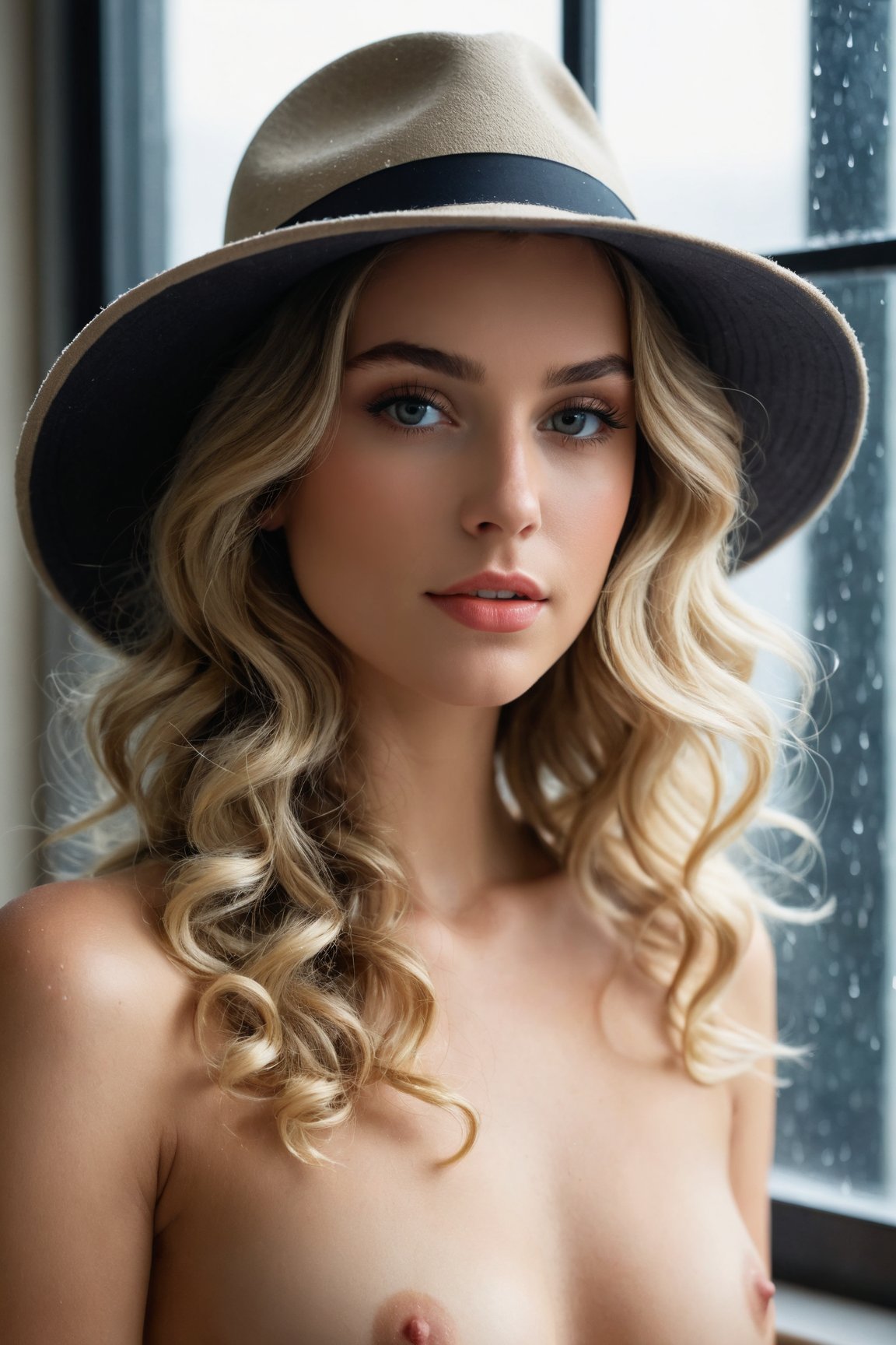 award winning photography of a stunningly beautiful naked 19-year-old girl, wearing a hat, wearing a hat with a seductive look, adding a touch of mystery and allure, steel gray eyes, , ash blonde retro curls hair, curiosity, rainy window lighting, soft, diffused light through raindrops on a window, creating a cozy and intimate mood, in a vibrant coral reef, teeming with a rainbow of colorful fish and intricate marine life, remarkable color, ultra realistic, shot with cinematic camera