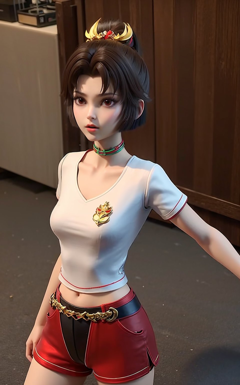 hair ornament,short hair,choker,(t-shirt:1.3),shorts,<lora:yun:1>,, (masterpiece, best quality, high quality, highres:1.2),8k,detail,CG,3d,
1girl,solo,pale skin,
detailed shadow,(glossy),(shiny skin),