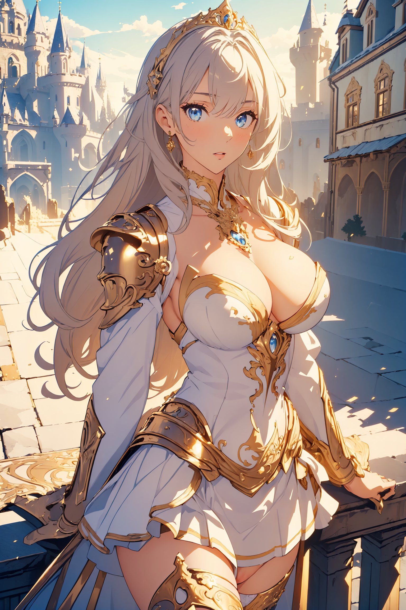 (masterpiece, best quality, ultra detailed, absurdres:1.5), 1girl, (sexy, beautiful woman, perfect face, perfect eyes, perfect female body, large breasts:1.5), (qbcinderella, long hair, tiara, detached collar, armor, bikini armor, pauldrons, wide sleeves, frilled sleeves, showgirl skirt, white thighhighs, high heels, ), (standing, outdoors, courtyard, castle in background), perfect lighting, smooth, hdr, glowing gold
