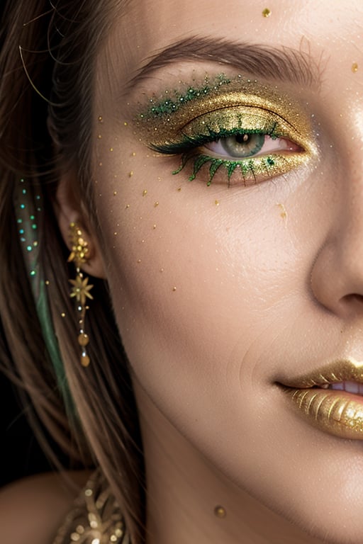 ,  digital painting, closeup macro shot, high contrast, closeup of a woman's face, iridescent, heavy makeup, lashes, metallic glitter in green and gold, paint dripping from lips, meticulous detail, dramatic lighting, perfect eyes, natural skin