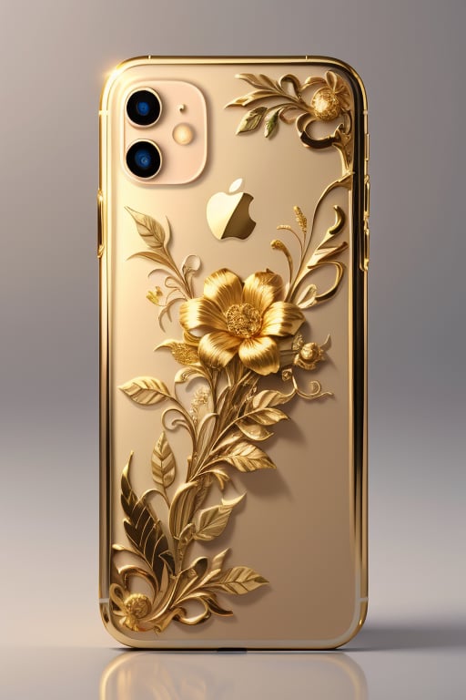 (Iphone:1.2) made glossy paint and colorful transparent, golden metal floral and leaf pattern, flower, no humans, fantasy, ultra detail,glowing gold