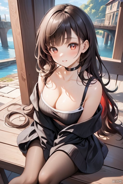  (Good structure), HDR, UHD, 8K, A real person, (masterpiece:1.21),(best quality:1.331),((ultra-detailed)),((extremely best illustration)),((amazing)),1girl,Black tight sweater, off the shoulder, with straps, sitting,, black choker,cleavage, , blackpantyhose,,brown-hair,