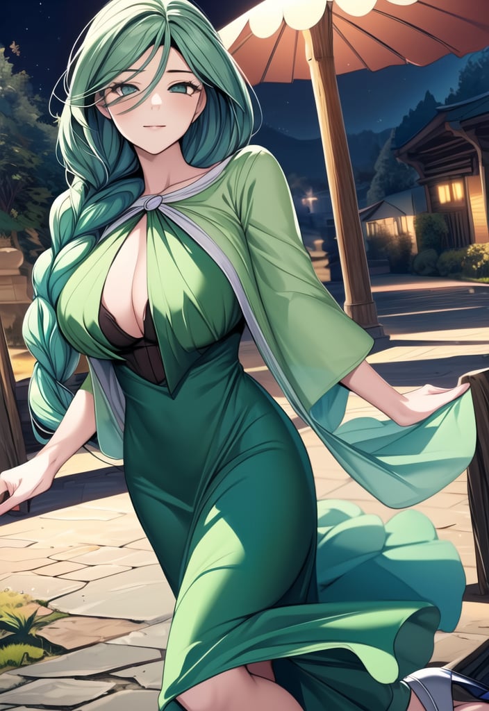((best quality)), ((highly detailed)), ((masterpiece)), detailed face, beautiful face, (detailed eyes, deep eyes), 1girl, solo, looking to viewer, Cheryl, soft smile, light gray eyes, green hair, single braid hair over shoulder, large breasts, green gown, green dress, highness heels, walking, town night scenery, Pokemon, Cheryl 
