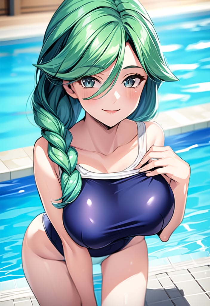 ((best quality)), ((highly detailed)), ((masterpiece)), detailed face, beautiful face, (detailed eyes, deep eyes), full body, 1girl, solo, looking to viewer, Cheryl, smile, light gray eyes, green hair, single braid hair over shoulder, large breasts, school swimsuit, soak in the swimming pool, Pokemon ,Cheryl 