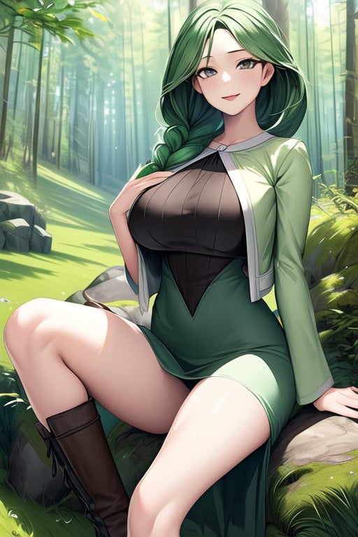 ((best quality)), ((highly detailed)), ((masterpiece)), detailed face, beautiful face, (detailed eyes, deep eyes), 1girl, solo, looking to viewer, Cheryl, smile, light gray eyes, long green hair, single braid hair over shoulder, large breasts, green jacket, long dress, boots, sitting, forests scenery, Pokemon ,Cheryl 