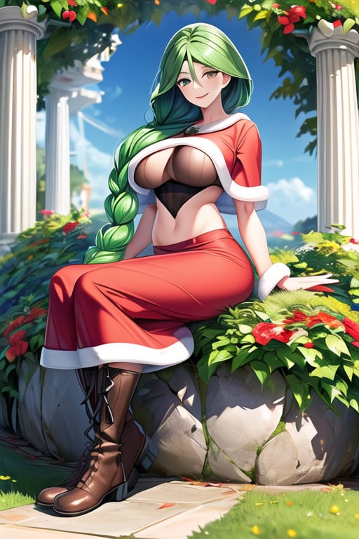 ((best quality)), ((highly detailed)), ((masterpiece)), detailed face, beautiful face, (detailed eyes, deep eyes), full body, looking to viewer, Cheryl, smile, light gray eyes, green hair, single braid hair over shoulder, large breasts, Santa girl, red Santa costume, red beret, boots, sitting, christmas scenery, Pokemon, Cheryl 