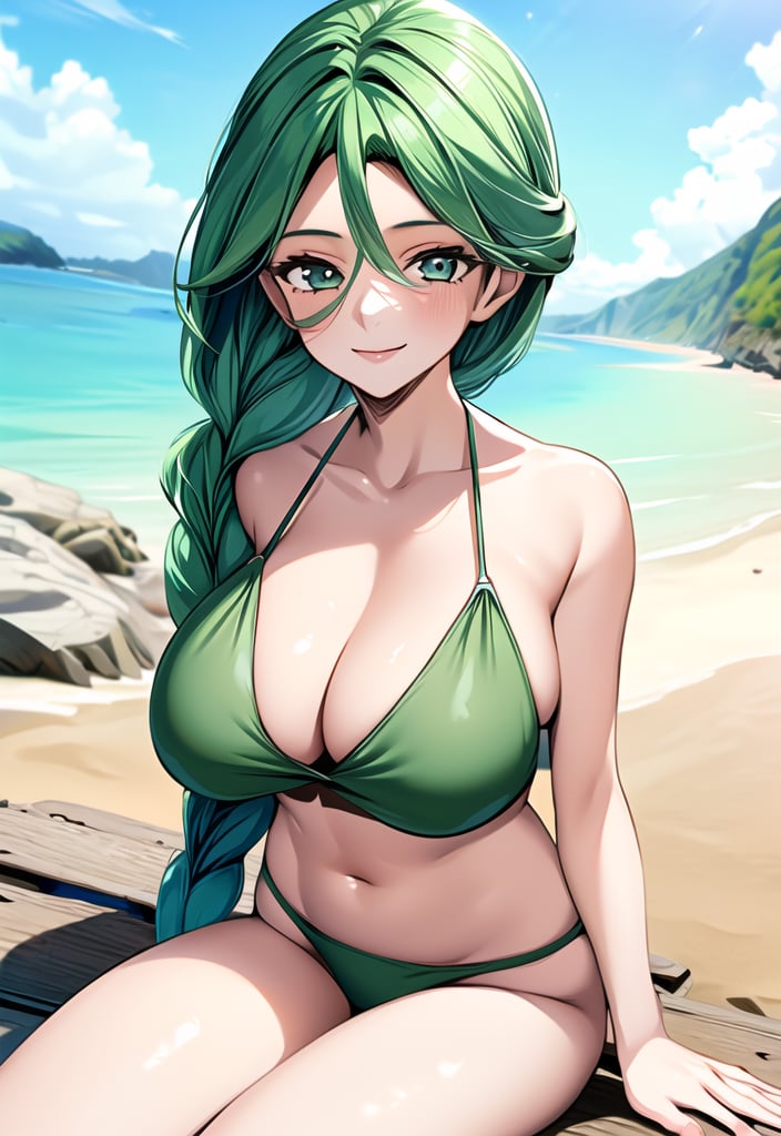 ((best quality)), ((highly detailed)), ((masterpiece)), detailed face, beautiful face, (detailed eyes, deep eyes), 1girl, solo, looking to viewer, Cheryl, smile, light gray eyes, green hair, single braid hair over shoulder, large breasts, green bikini dress, sitting, beach scenery, Pokemon, Cheryl ,High detailed 