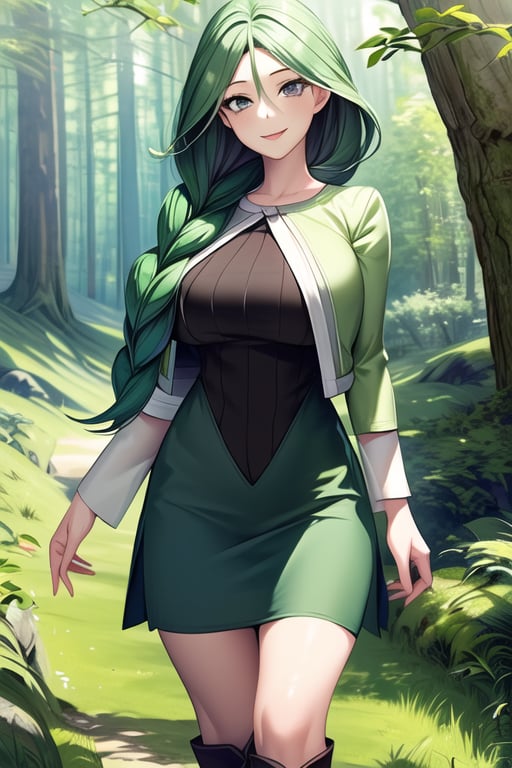 ((best quality)), ((highly detailed)), ((masterpiece)), detailed face, beautiful face, (detailed eyes, deep eyes), 1girl, solo, looking to viewer, Cheryl, smile, light gray eyes, long green hair, single braid hair over shoulder, large breasts, green jacket, long dress, boots, standing, forests scenery, Pokemon ,Cheryl 