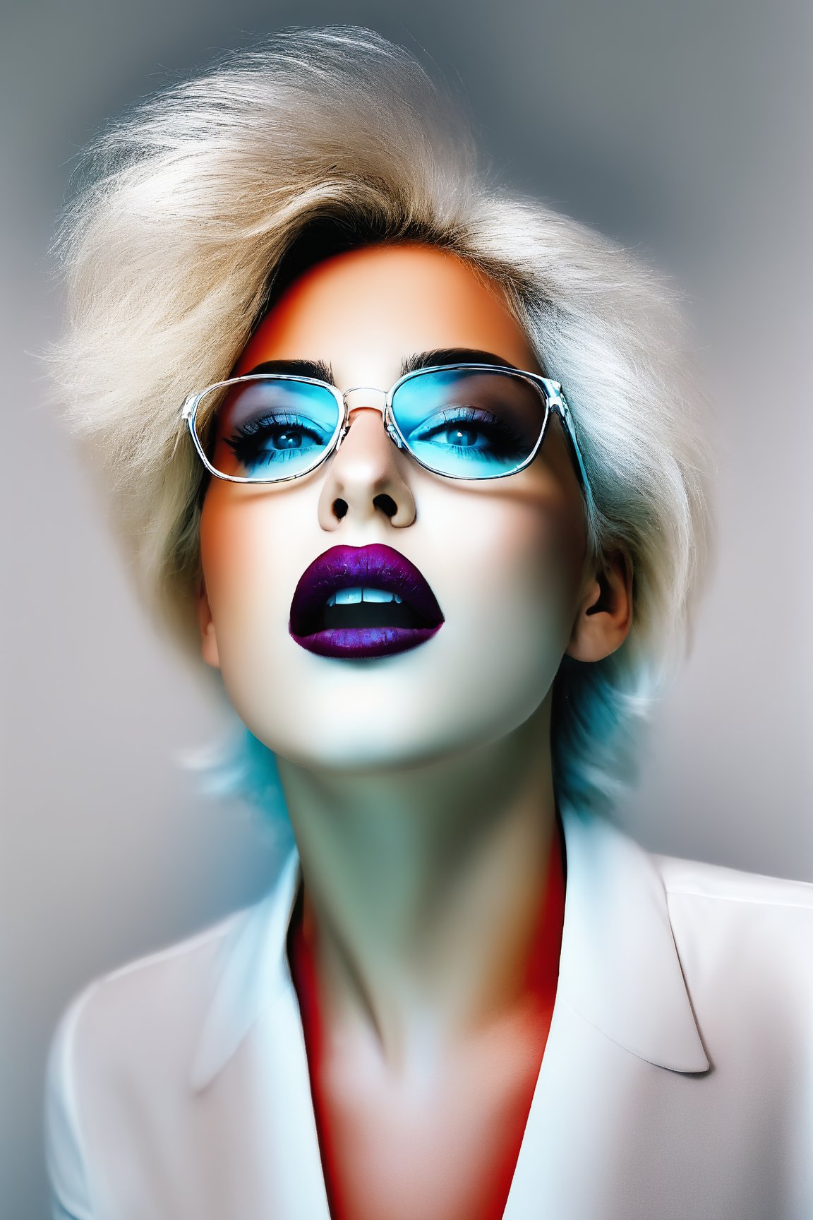 award-winning photography by John Willhelm of a young happy woman leaned forward deeply and pursed her lips, duck face lips, short white hair, wear a white glasses, flat chest, sensual, seductive, natural color lips, dynamic pose, shot with fisheye lense, extra wide angle of view, view from below, simple white background