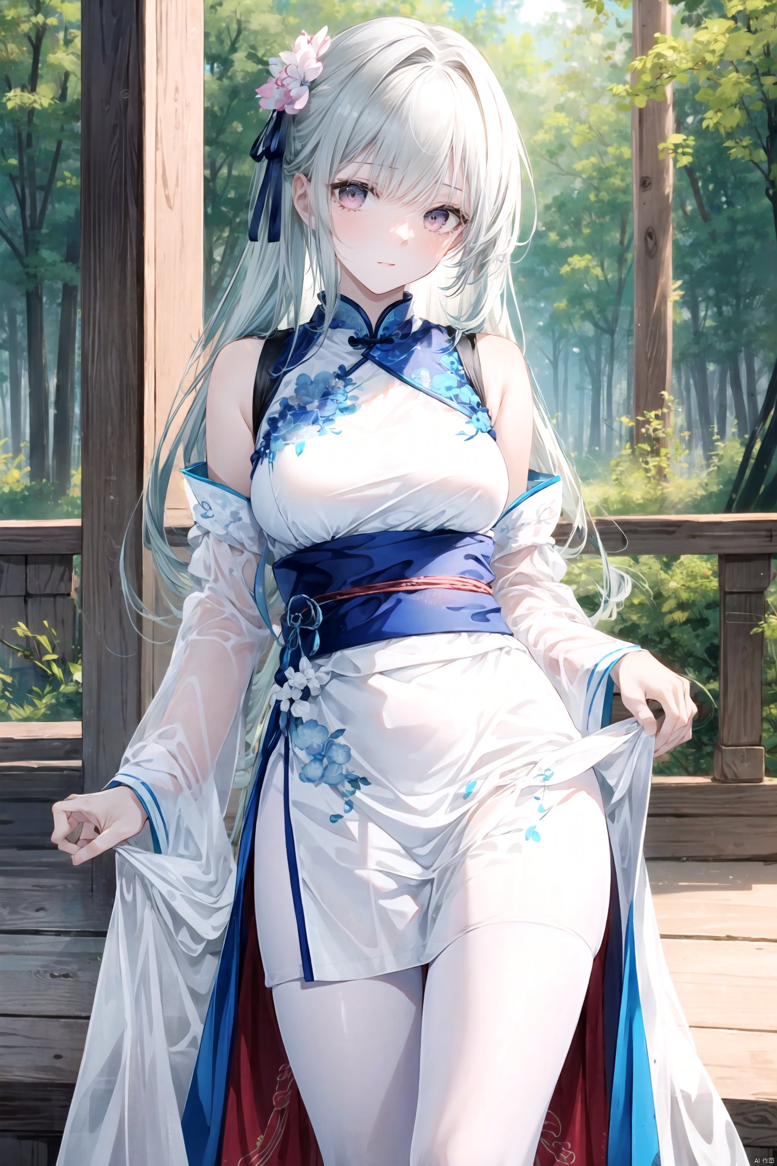 1 female,tender wifely,solo,detailed face, highly detailed clothes, azure qipao, ancient Chinese style,long flaxen hair, shoulders, slender legs,large breasts, white pantyhose, pantyhose lace side, pale pink lips, embroidered dress,standing, shy on face.masterpiece,best quality,{best quality},{{masterpiece}},{highres},original,extremely detailed wallpaper,{an extremely delicate and beautiful}. 