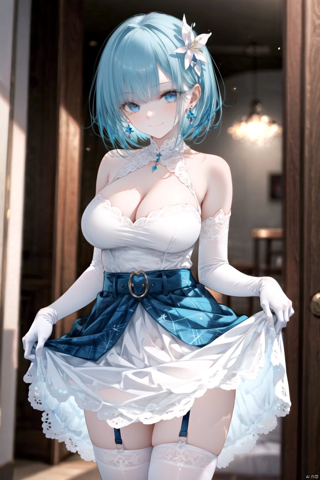 1girl, breasts, gloves, white gloves, solo, dress, looking at viewer, cleavage, bare shoulders, blue hair, white dress, skirt hold, hair ornament, clothing cutout, short hair, large breasts, cleavage cutout, bangs, detached sleeves, cowboy shot, jewelry, blurry background, blue eyes, elbow gloves, indoors, standing, smile, skirt, belt, closed mouth, flower, earrings, blurry, thigh strap