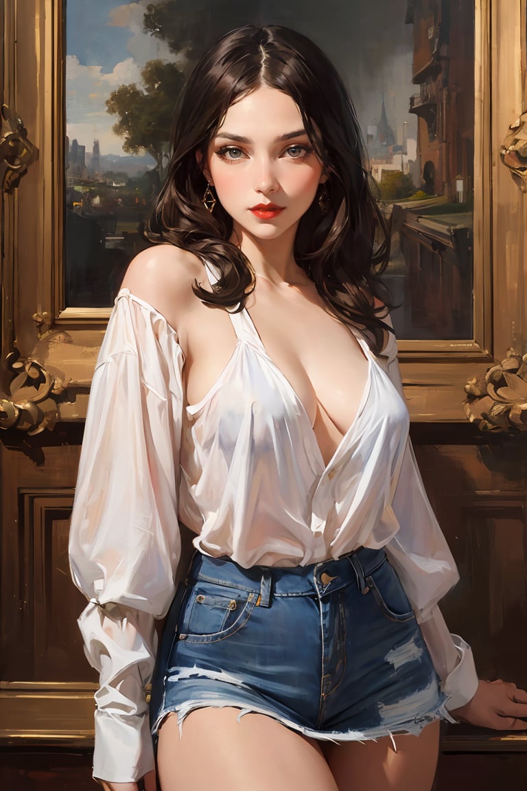 oil painting,Impressionism,oil painting with brushstrokes, cowboy shot ,realistic, Modern urban beauty,Denim skirt,Sexy and attractive red lips,portraitures,acrycle painting,Renaissance style,best qualtiy,A high resolution,super-fine,Eyes detailed,Face detailedsharp focus on eyes,concert, background, 