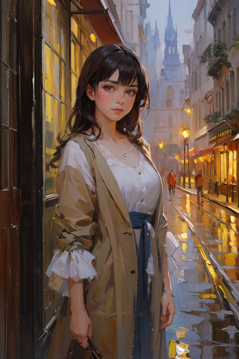 (oil painting,Impressionism:1.1),oil painting with brushstrokes,masterpiece, best quality, detailed,shiny skin, 1girl, glowing eyes,looking at viewer,street background,