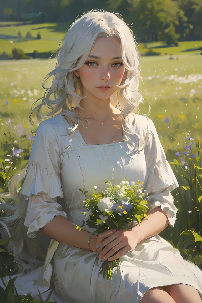 (oil painting,Impressionism),(medieval portrait),oil painting with brushstrokes,masterpiece, best quality, detailed portrait, ,high quality, masterpiece, (realistic, photo-realistic:1.2) ,high definition, ultra detailed, raw photo,1girl with long white hair sitting in a field of green plants and flowers, her hand under her chin, warm lighting, white dress, blurry foreground, <lora:GoodHands-beta2:1>,