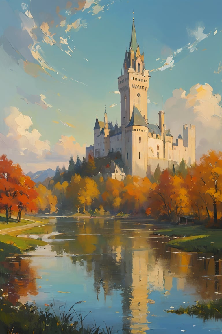 (oil painting,Impressionism:1.1),oil painting with brushstrokes,masterpiece, best quality, detailed,landscape,sky,water, garden, grass, scenery,autumn, castle,