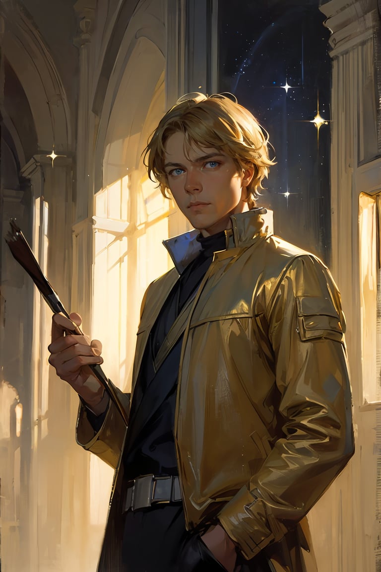 oil painting,oil painting with brushstrokes,  Anders Zorn, focus on a man, night_city, yellow_jacket,(Luke Skywalker:0.9), blue_eyes, blonde, glowing, mystical, magical, rim lighting, fantasy, sunbeam, soft lighting, sparkle, glittering,<lora:GoodHands-beta2:1> 