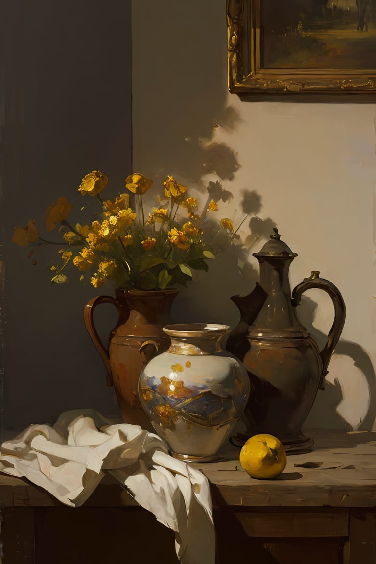 oil painting,Impressionism, (masterpiece, best quality, ultra-detailed, best shadow),(detailed background),old,realistic ,(Rembrandt),dramatic light, no humans,(still_life:1.1), <lora:still_life_v3:0.8>