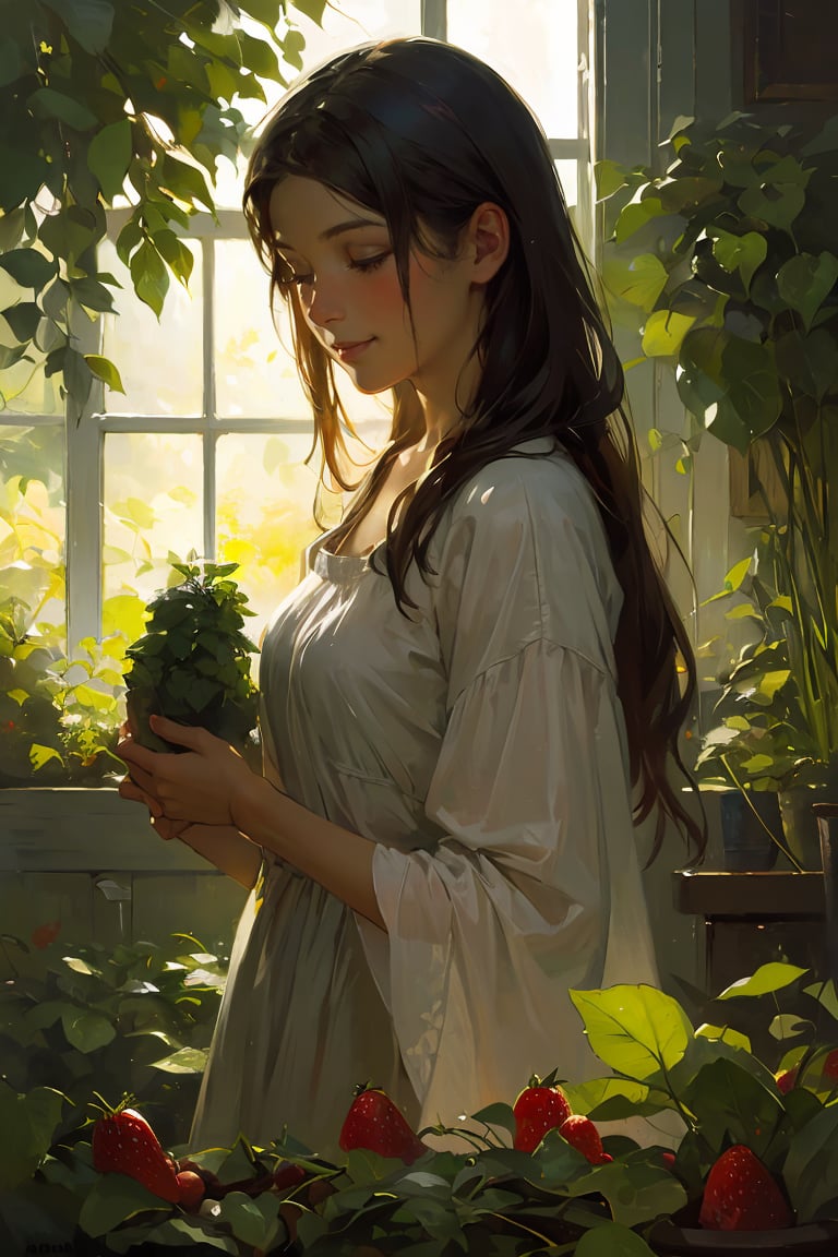 oil painting,oil painting with brushstrokes,  Anders Zorn, focus on girl,depth of field,translucent layers, Blending with Plants, fluid textures, subtle hues, organic forms, poetic atmosphere, BREAK Smiling little girl picking strawberries from the vegetable garden,moody lighting, tranquil, calm, glow, glowing, mystical, magical, rim lighting, fantasy, sunbeam, soft lighting, sparkle, glittering,<lora:GoodHands-beta2:1> 