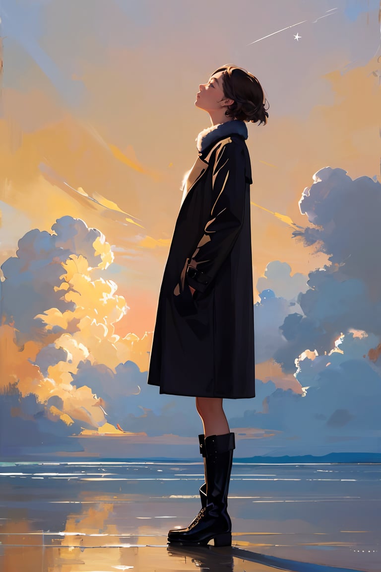 oil painting,oil painting with brushstrokes,  masterpiece,best quality,1girl, solo, looking up, short hair, sky, coat, standing, boots, black footwear, from side, long sleeves, full body, star (sky), cloud, signature, brown hair, black hair, profile, outdoors ,<lora:GoodHands-beta2:1> 