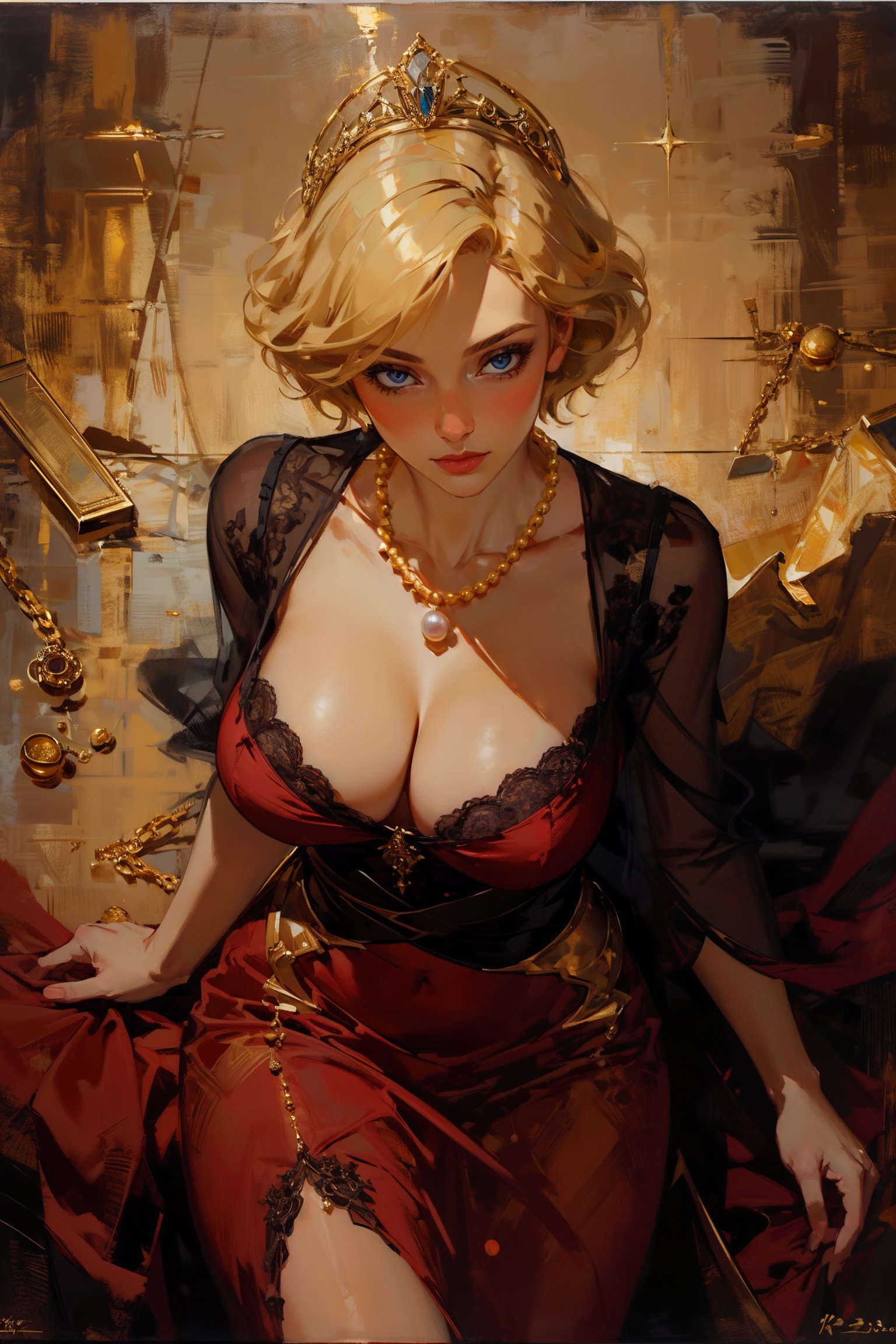 masterpiece, detailed, beautiful, oil painting, 1girl, laying down, from above, mature female, milf, short blonde hair, laced hair, gold eyes, gorgeous tight red dress, pearl necklace, seductive, revealing, cleavage, large breasts, golden tiara, simple background <lora:BearlySD:0.7> <lora:epiNoiseoffset_v2>