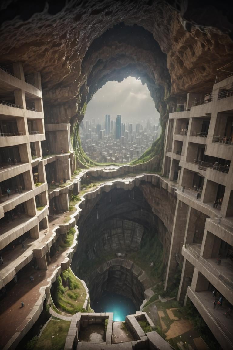 (FIRST PEOPLE PERSPECTIVE VIEW,  marvellous settlement,  spectacular ruins,  stonewalls,  maze:1.8), (settlement hidden in a cave dwelling:1.5), (Son Doong|sinkhole|underground_cave welling:1.4), (landscape architecture,  brutalist architecture:1.3), (large file,  super realistic,  4k,  8K,  16k,  FHD,  HD,  VFX,  perfect,  photograpy,  super high resolution,  cinematic photography:1.1), (extra long shot,  wide-angle lens,  POV,  DOF:1.2),  rich shadow, (harmonious color:1.1),  night,  lowlight,  lightless,  nightview, FUTURE_URBAN,  Apartment , furure_urban, future_skyline, urban,  badweather,  dark clouds,  horizontal decorative,  dark theme, city, badweather, dark clouds,  (dark theme:1.5), ,  heavy rain,  (raindrop details:1.4), , caveruinsPOV,  more detail XL,  science fiction,  extremely detailed structure,  futureurban, futureskyline, caveruinsPOV,<lora:EMS-59651-EMS:0.700000>,<lora:EMS-254948-EMS:0.500000>,<lora:EMS-255600-EMS:1.000000>