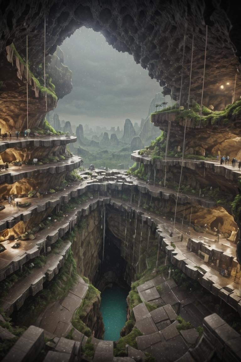 (FIRST PEOPLE PERSPECTIVE VIEW,  marvellous settlement,  spectacular ruins,  stonewalls,  maze:1.8), (settlement hidden in a cave dwelling:1.5), (Son Doong|sinkhole|underground_cave welling:1.4), (landscape architecture,  brutalist architecture:1.3), (large file,  super realistic,  4k,  8K,  16k,  FHD,  HD,  VFX,  perfect,  photograpy,  super high resolution,  cinematic photography:1.1), (extra long shot,  wide-angle lens,  POV,  DOF:1.2),  rich shadow, (harmonious color:1.1),  night,  lowlight,  lightless,  nightview, FUTURE_URBAN,  Apartment , furure_urban, future_skyline, urban,  badweather,  dark clouds,  horizontal decorative,  dark theme, city, badweather, dark clouds,  (dark theme:1.5), ,  heavy rain,  (raindrop details:1.4), , caveruinsPOV,  more detail XL,  science fiction,  extremely detailed structure,  futureurban, futureskyline, caveruinsPOV,<lora:EMS-59651-EMS:0.700000>,<lora:EMS-254948-EMS:0.300000>,<lora:EMS-255600-EMS:1.300000>