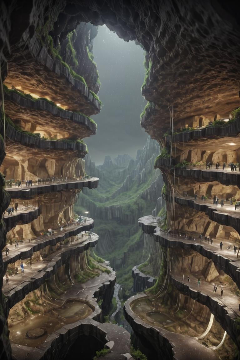 (FIRST PEOPLE PERSPECTIVE VIEW,  marvellous settlement,  spectacular ruins,  stonewalls,  maze:1.8), (settlement hidden in a cave dwelling:1.5), (Son Doong|sinkhole|underground_cave welling:1.4), (landscape architecture,  brutalist architecture:1.3), (large file,  super realistic,  4k,  8K,  16k,  FHD,  HD,  VFX,  perfect,  photograpy,  super high resolution,  cinematic photography:1.1), (extra long shot,  wide-angle lens,  POV,  DOF:1.2),  rich shadow, (harmonious color:1.1),  night,  lowlight,  lightless,  nightview, FUTURE_URBAN,  Apartment , furure_urban, future_skyline, urban,  badweather,  dark clouds,  horizontal decorative,  dark theme, city, badweather, dark clouds,  (dark theme:1.5), ,  heavy rain,  (raindrop details:1.4), , caveruinsPOV,  more detail XL,  science fiction,  extremely detailed structure,  futureurban, futureskyline, caveruinsPOV,<lora:EMS-59651-EMS:0.700000>,<lora:EMS-254948-EMS:0.400000>,<lora:EMS-255600-EMS:1.200000>