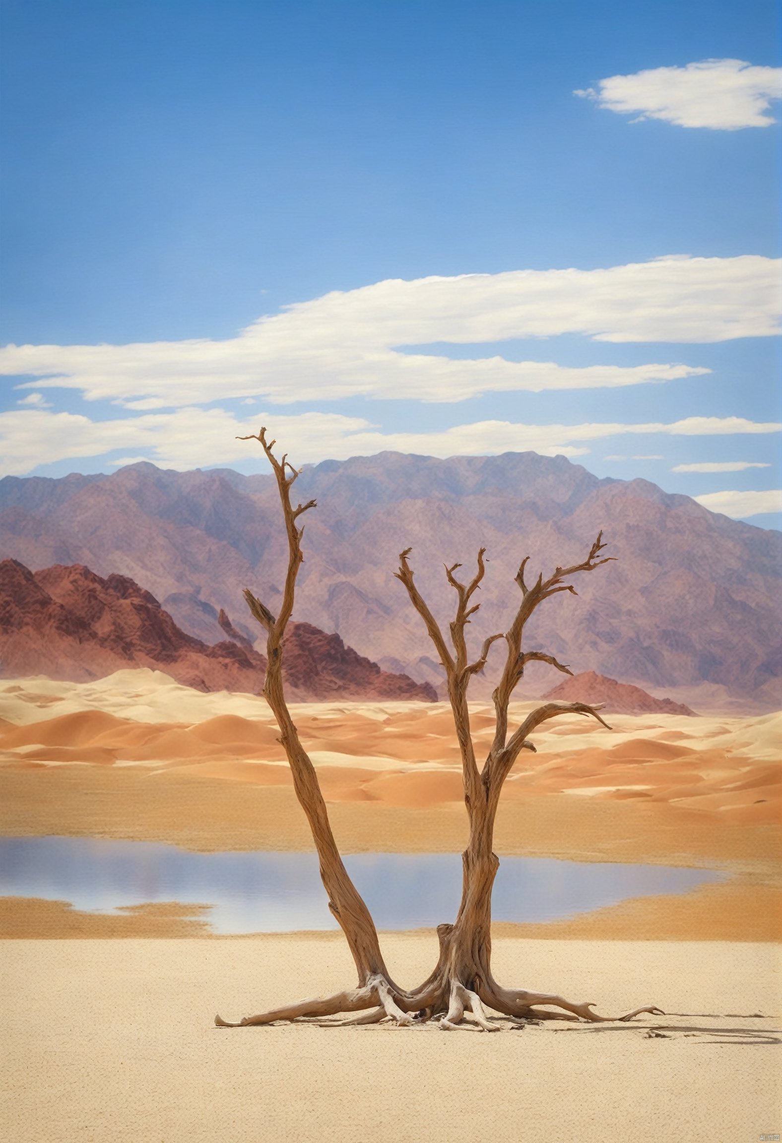 Scenery,sky, landscape, deadtree, outdoors, Desert, mountains, nature, blurred background, blue sky and white clouds, horizon, lake, camel, RAW photo, high resolution, ultra fine section, high detail RAW color photo, professional photo, masterpiece, best quality, RV, stool