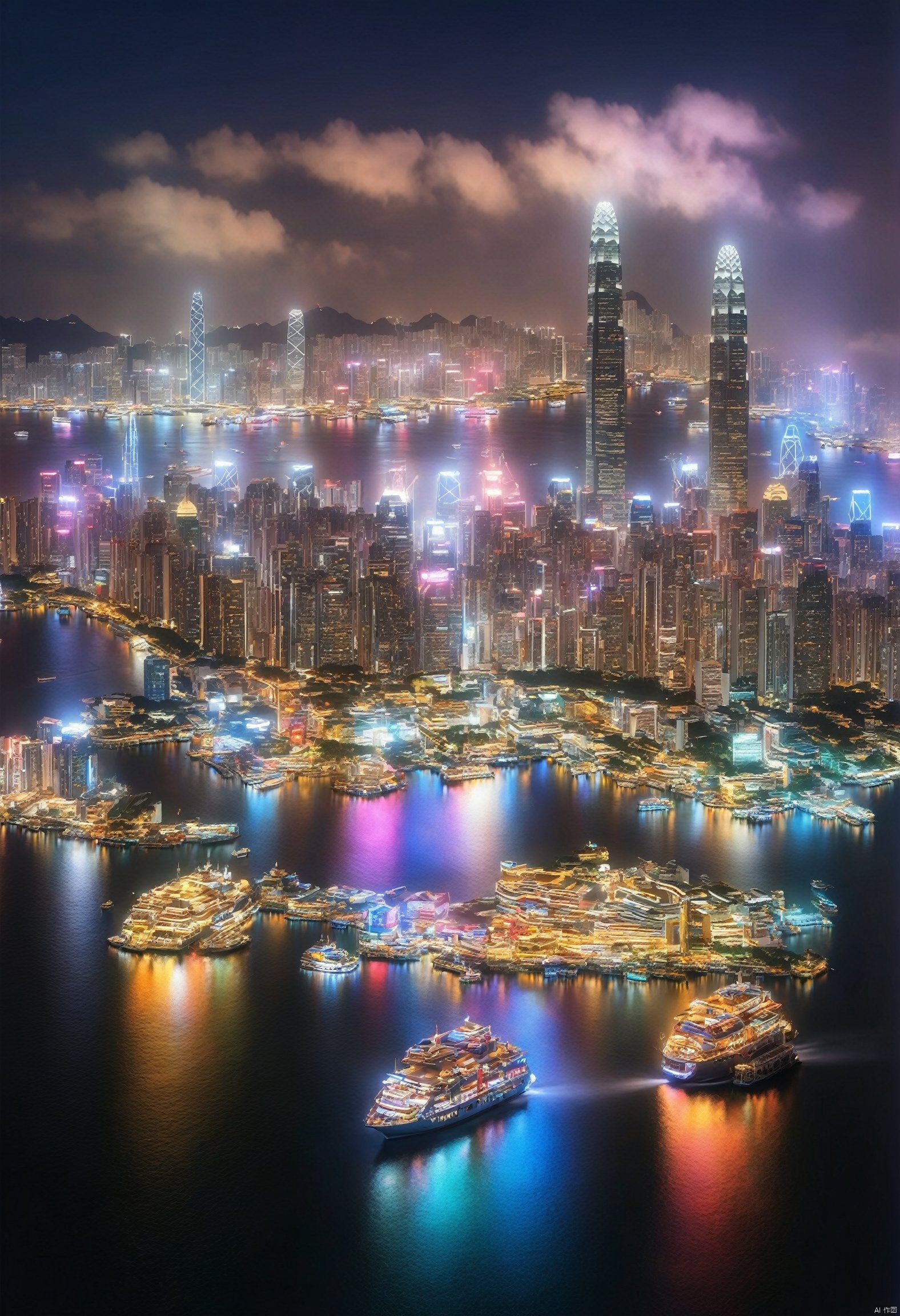 Night view of Victoria Harbor in Hong Kong,Sparkling reflections dance on the water,Gleaming skyscrapers lining the harbor,Spectacular fireworks display,Twinkling lights adorn the city skyline,Cruise shipest, enhance, intricate, (best quality, masterpiece, Representative work, official art, Professional, unity 8k wallpaper:1.3)
