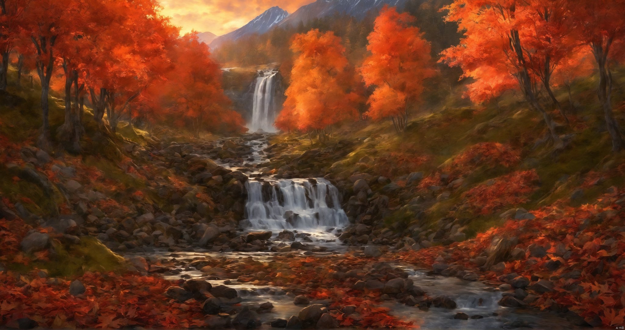  masterpiece,best quality,lycoris,Rocky valley, waterfall,small stream,depth of field,dusk,orange sky,sunset,glow, glowing rainbow over stream,autumn,maple,fallen leaves, mountain ((tileset))