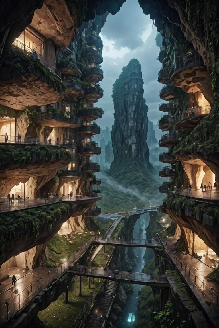(FIRST PEOPLE PERSPECTIVE VIEW,  marvellous settlement,  spectacular ruins,  stonewalls,  maze:1.8), (settlement hidden in a cave dwelling:1.5), (Son Doong|sinkhole|underground_cave welling:1.4), (landscape architecture,  brutalist architecture:1.3), (large file,  super realistic,  4k,  8K,  16k,  FHD,  HD,  VFX,  perfect,  photograpy,  super high resolution,  cinematic photography:1.1), (extra long shot,  wide-angle lens,  POV,  DOF:1.2),  rich shadow, (harmonious color:1.1),  night,  lowlight,  lightless,  nightview, FUTURE_URBAN,  Apartment , furure_urban, future_skyline, urban,  badweather,  dark clouds,  horizontal decorative,  dark theme, city, badweather, dark clouds,  (dark theme:1.5), ,  heavy rain,  (raindrop details:1.4), , caveruinsPOV,  more detail XL,  science fiction,  extremely detailed structure,  futureurban, futureskyline, caveruinsPOV, cliffbuilding,<lora:EMS-59651-EMS:0.700000>,<lora:EMS-254948-EMS:0.500000>,<lora:EMS-255617-EMS:0.900000>